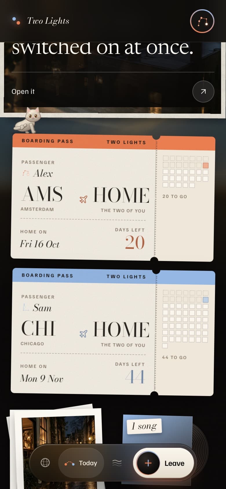 Two boarding passes, one for each person, counting the days until each is home