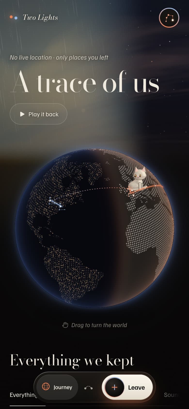 Journey: a globe with two lights and a small paper cat on it, and everything kept below