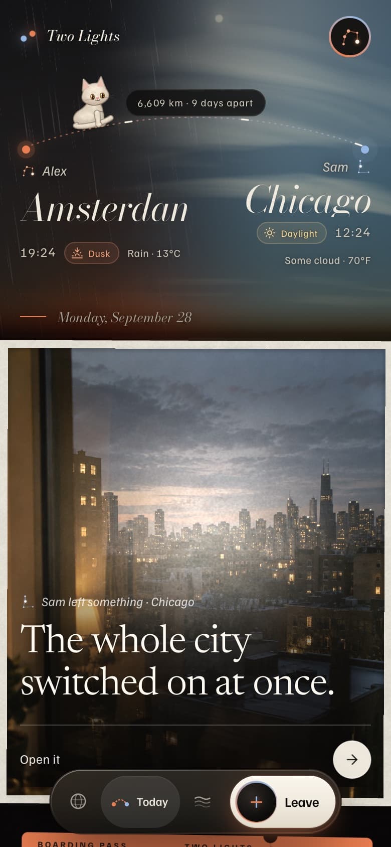 Today: Amsterdam in the rain and Chicago under some cloud, with a photo Sam left
