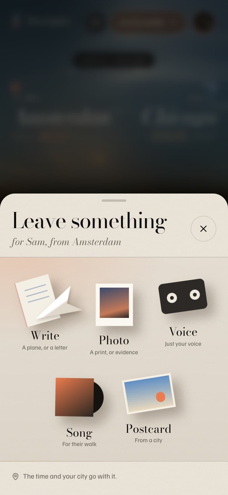 Leave something in Two Lights: write, photo, voice, song and postcard, each drawn as a paper object